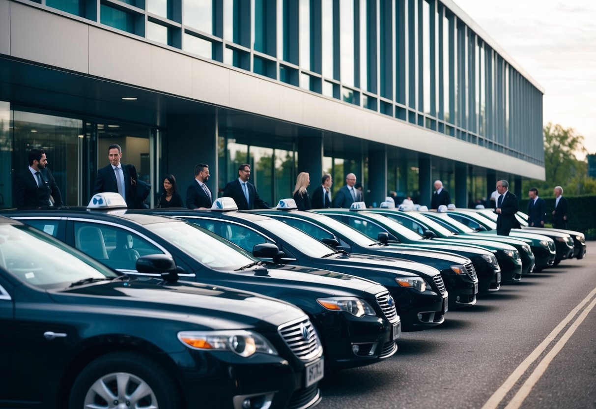 A row of taxis waiting outside a corporate building, with people in suits entering and exiting. The taxis are lined up neatly, ready to transport business professionals to meetings and events in Henley-on-Thames