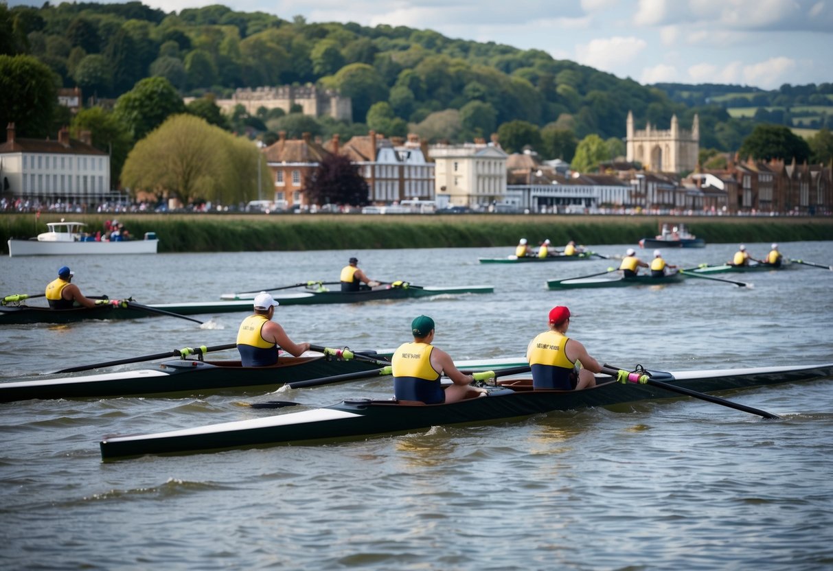 A rowing regatta on the Thames, with boats gliding past the historic town of Henley-on-Thames, surrounded by green hills and picturesque buildings