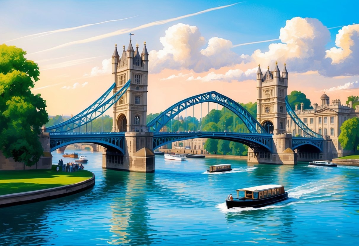 The iconic Henley Bridge spans the River Thames, flanked by historic buildings and lush greenery, with boats gliding along the water