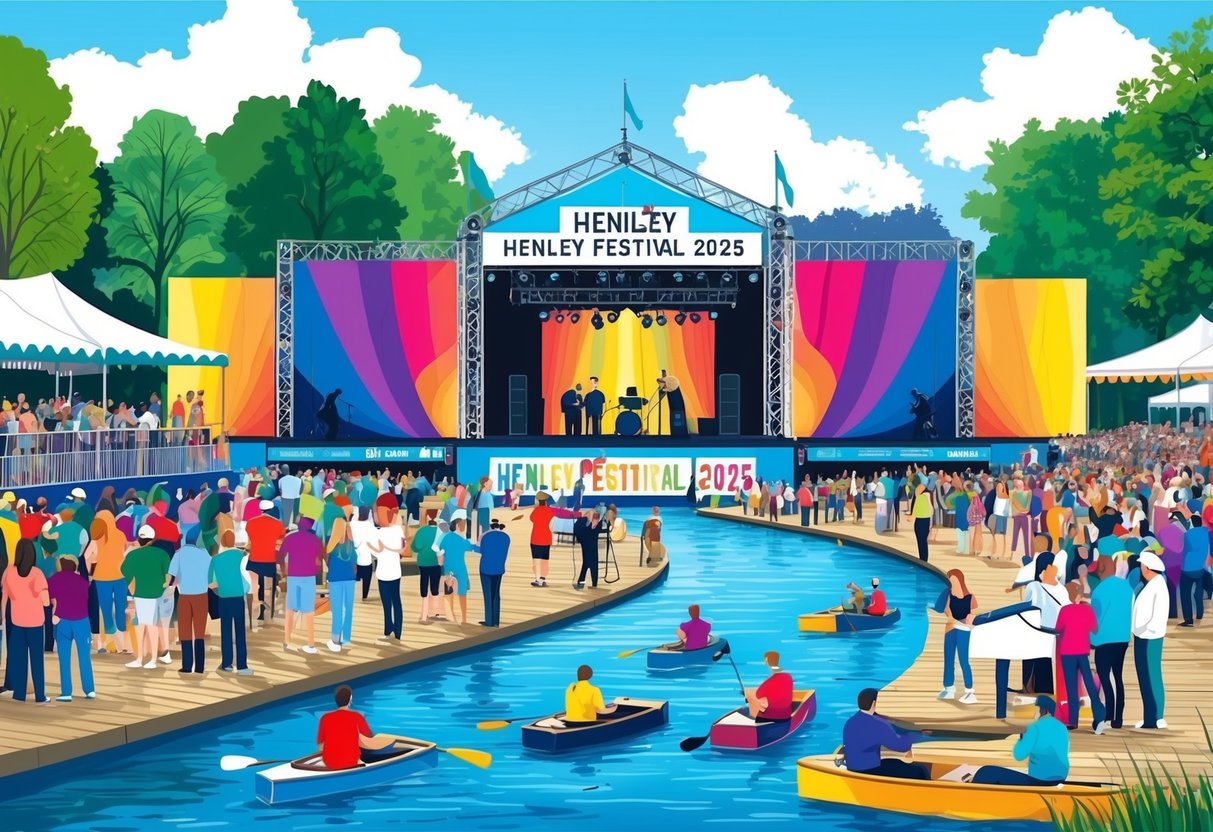 A colorful and vibrant riverside stage at Henley Festival 2025, with a crowd of spectators enjoying live music and performances