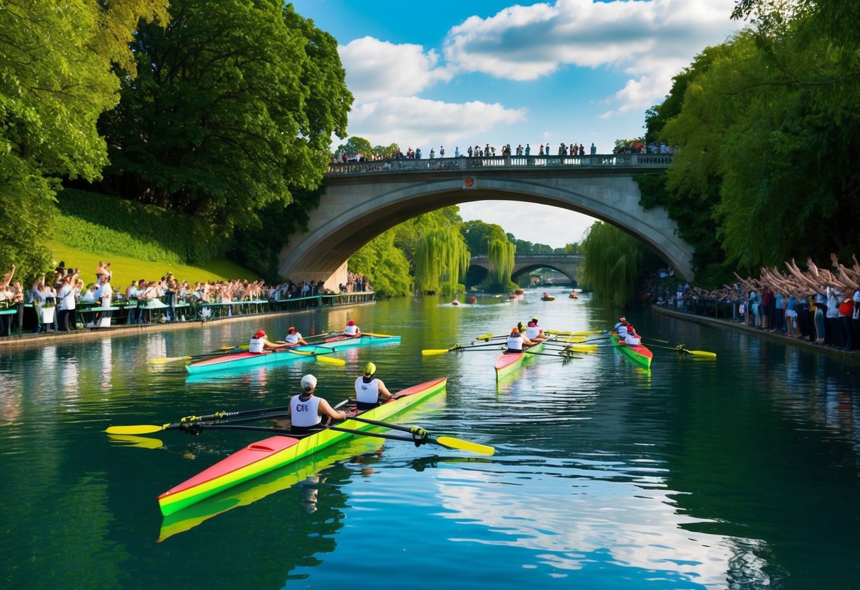 The tranquil river reflects the vibrant rowing boats gliding gracefully under the arched bridge, surrounded by lush greenery and cheering spectators