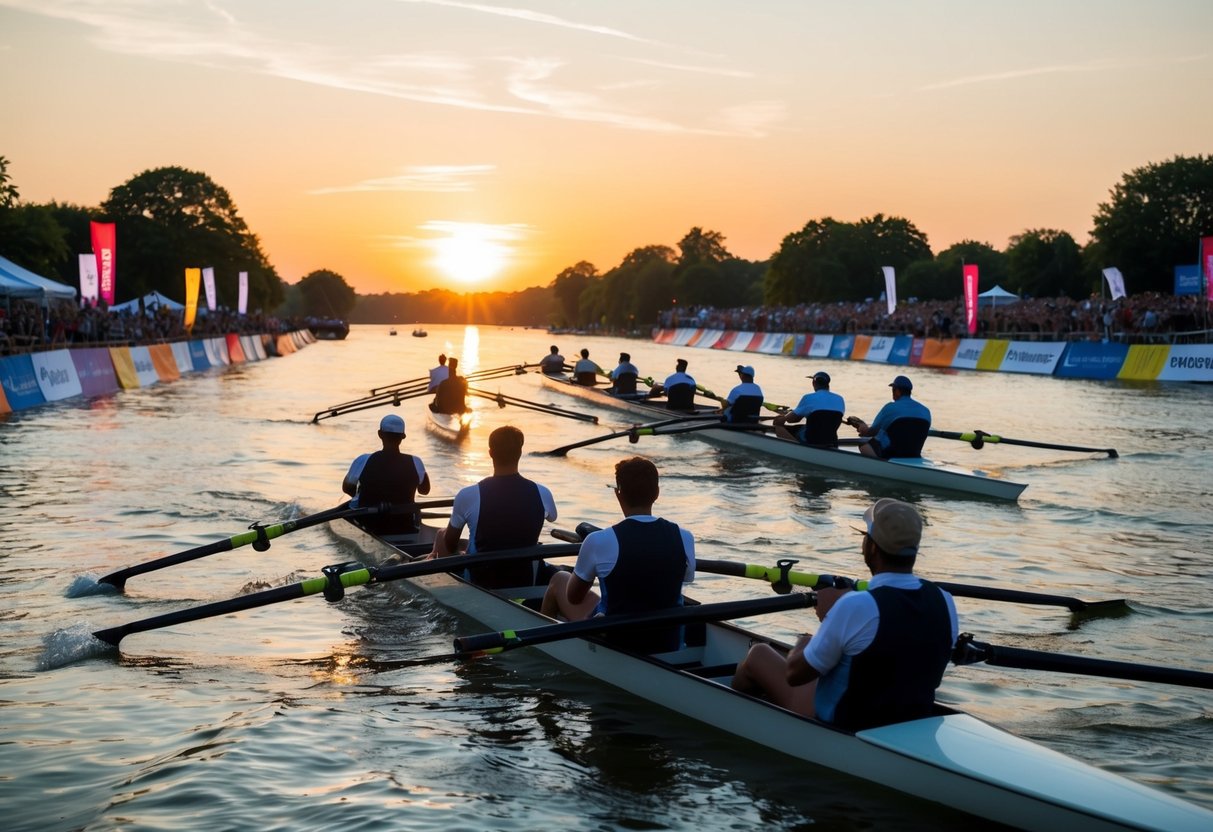 The sun sets over the tranquil river as rowing boats glide gracefully along the water, surrounded by cheering spectators and colorful banners
