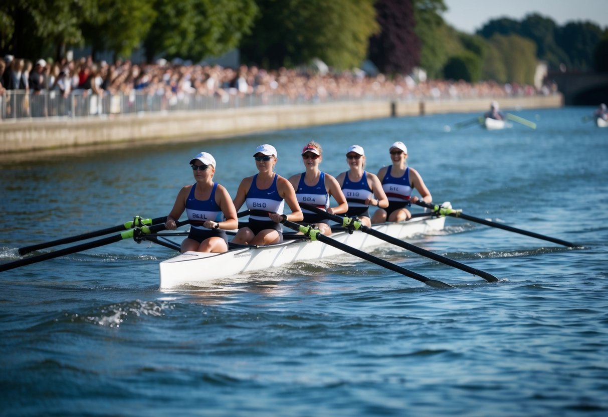 A rowing team crosses the finish line at the Henley Women's Regatta, cheered on by spectators lining the riverbank