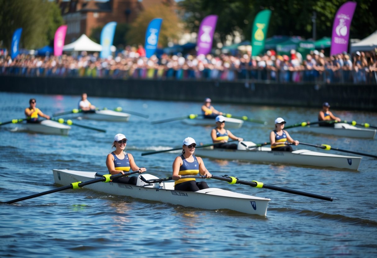 Rowing shells gliding on the river, spectators lining the banks, and colorful flags fluttering in the breeze at the Henley Women's Regatta 2025