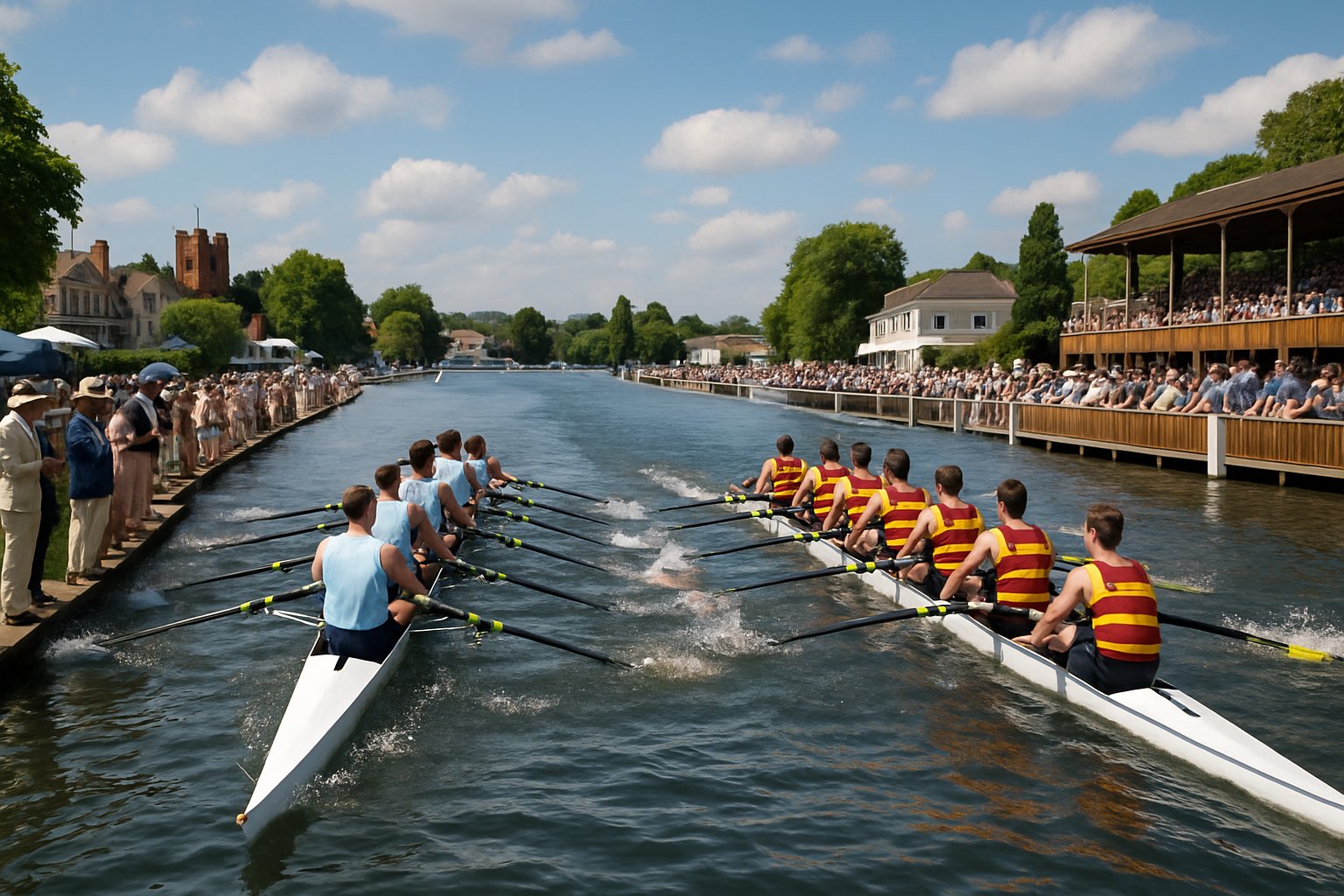 Rowing boats racing on the River Thames with spectators watching from the riverbank during a sunny day.