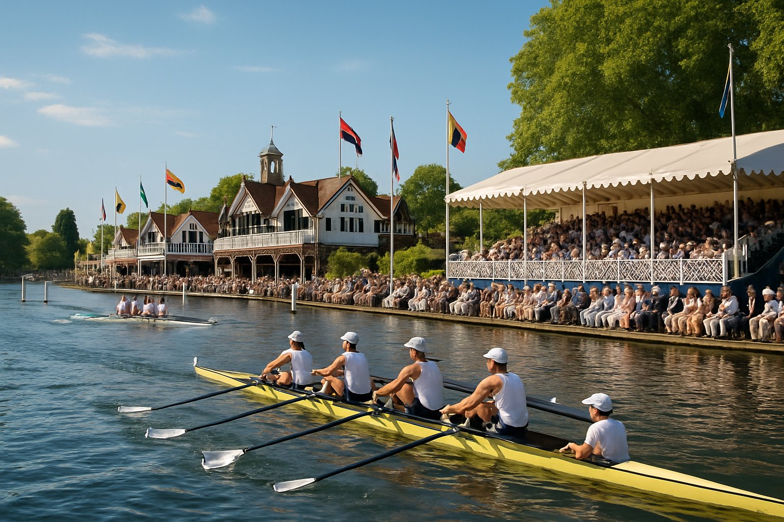 Rowing teams racing on the River Thames at Henley Royal Regatta with spectators watching from historic grandstands and boathouses along the riverbank.