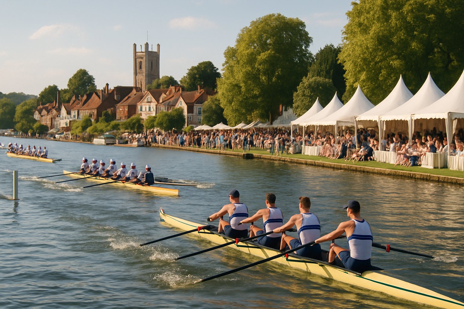 Rowers competing on the River Thames during a regatta with spectators watching from the riverside and tents in the background.