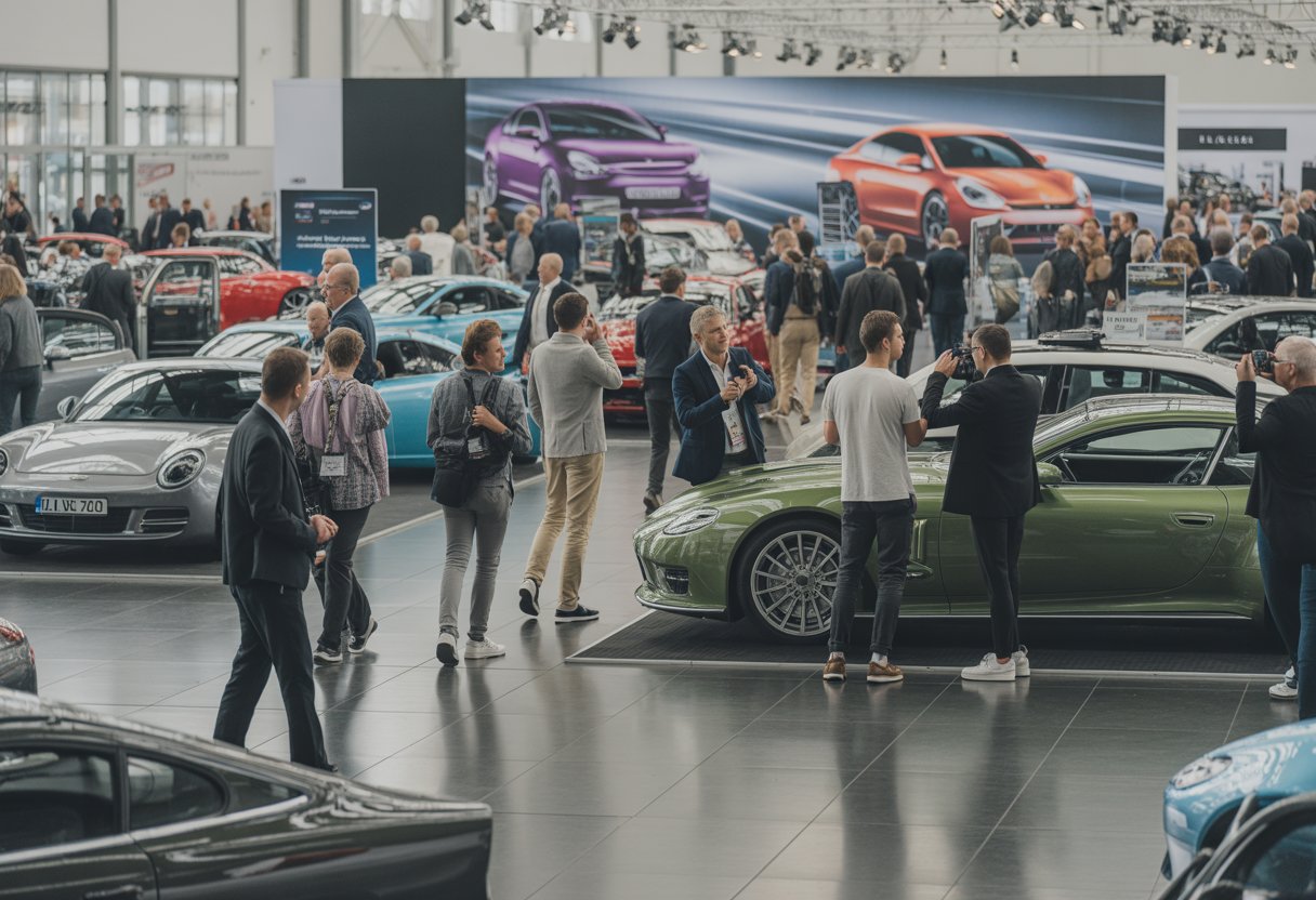 A busy indoor motor show with people looking at various modern and classic cars on display.