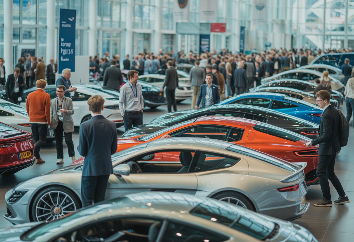 A busy motor show with people looking at various modern cars displayed in a large, bright exhibition hall.