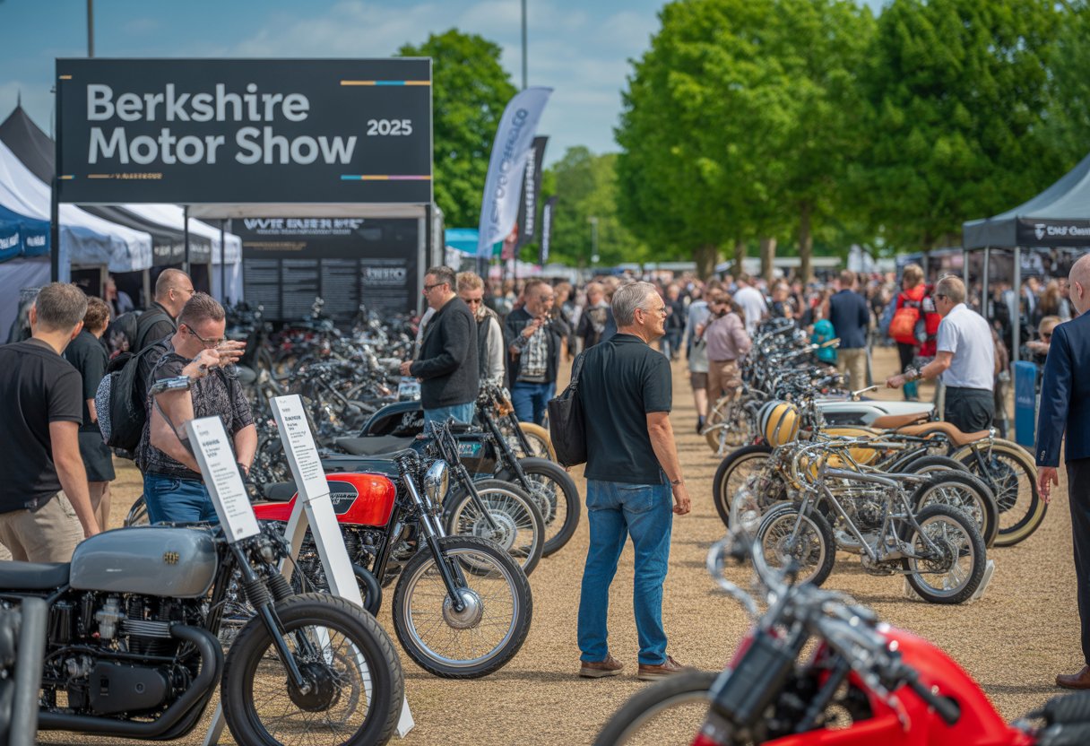 A busy outdoor motor show with people looking at various motorcycles and bicycles on display under tents and trees in daylight.