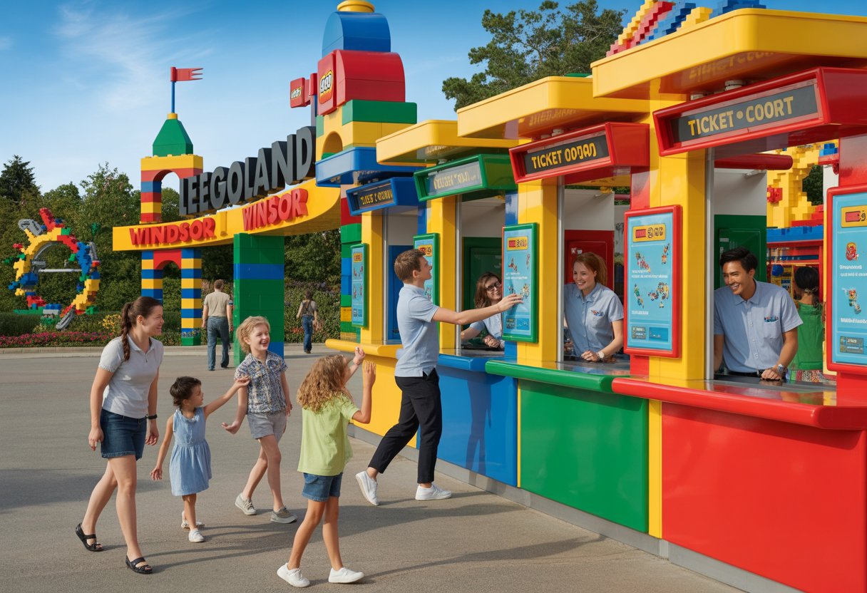 Families and children entering the entrance area of LEGOLAND Windsor Resort with colourful LEGO decorations and staff assisting at ticket counters.
