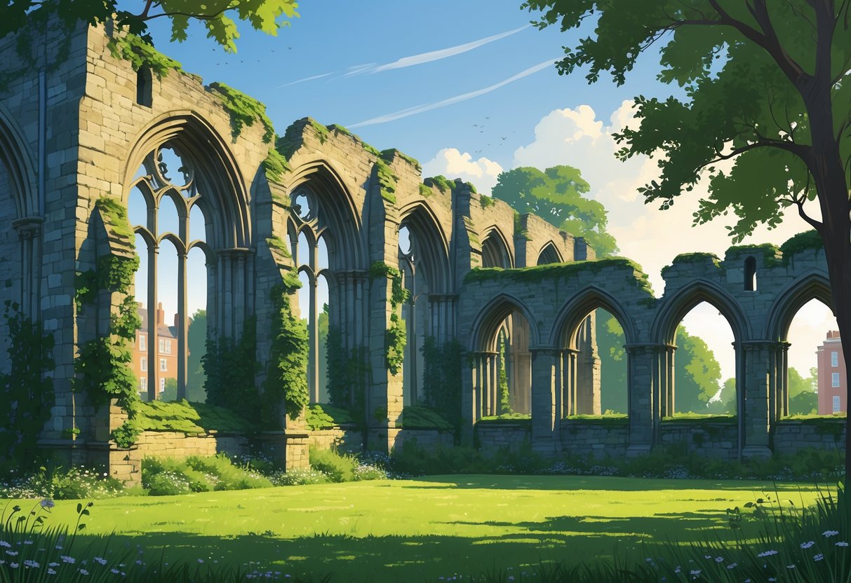 Ruins of a medieval stone abbey surrounded by grass and trees under a clear sky.