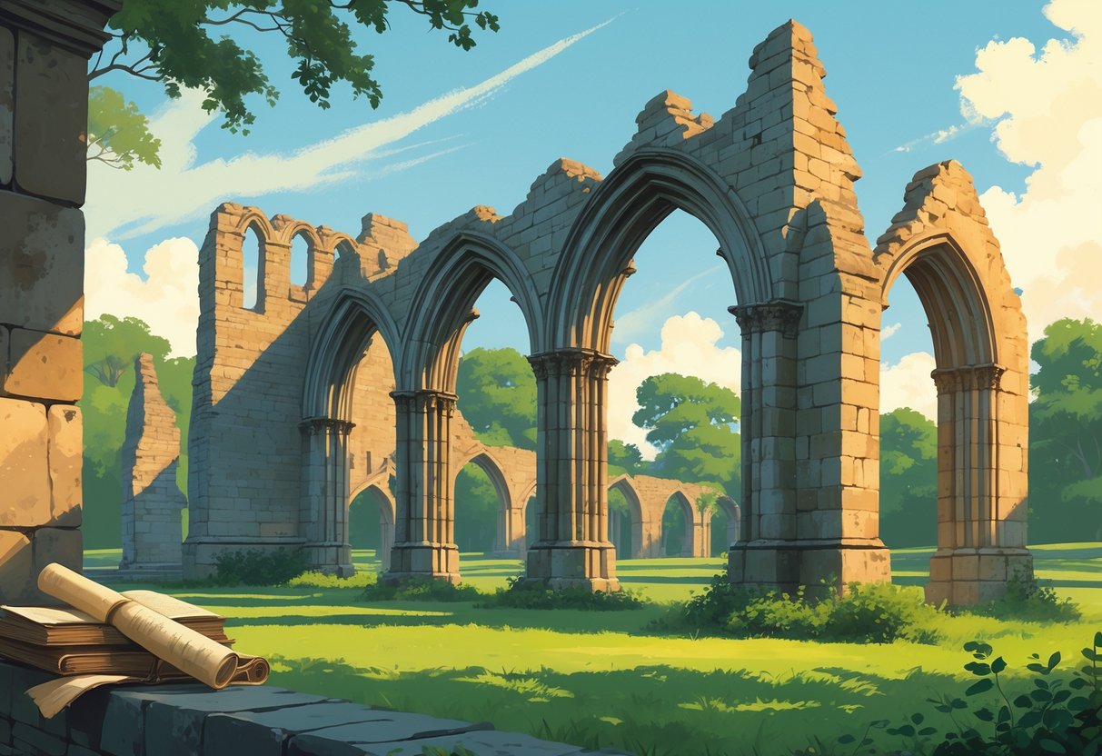 Stone ruins of Reading Abbey with arches and walls surrounded by green grass under a clear sky.