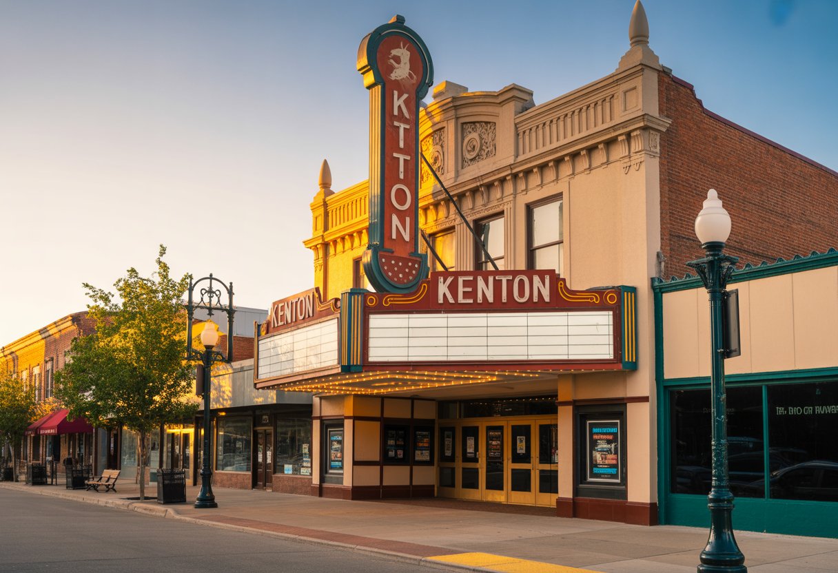 The exterior of the Kenton Theatre building with a classic facade and entrance, lit by warm sunlight.