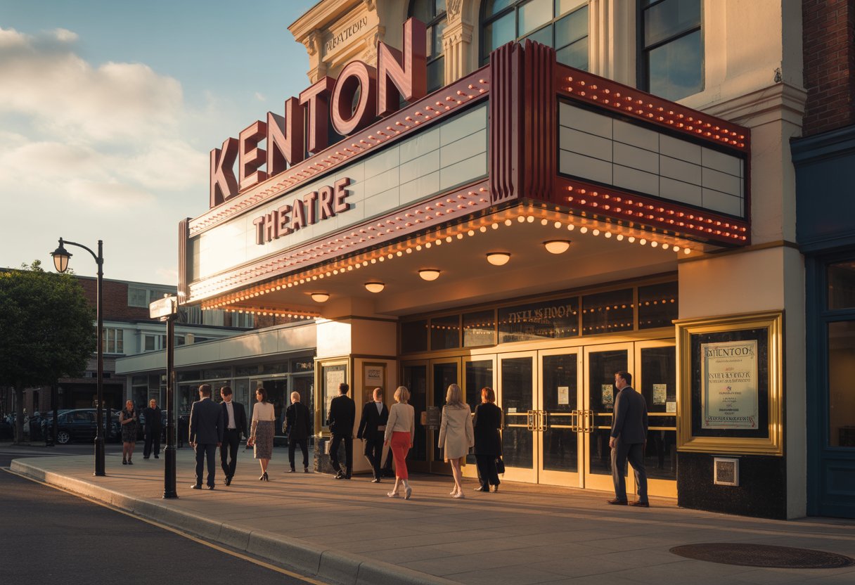 The exterior of Kenton Theatre with people near the entrance under marquee lights during sunset.