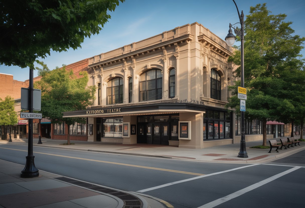 Exterior view of the Kenton Theatre building on a quiet street with trees and clear pedestrian access.