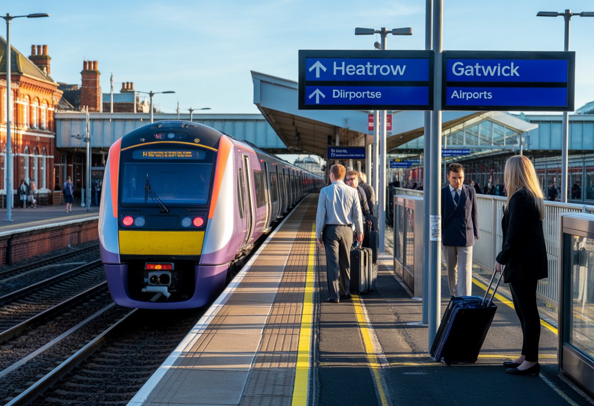 A train station platform in Reading with a train and passengers carrying luggage, showing travel connections to Heathrow and Gatwick airports.
