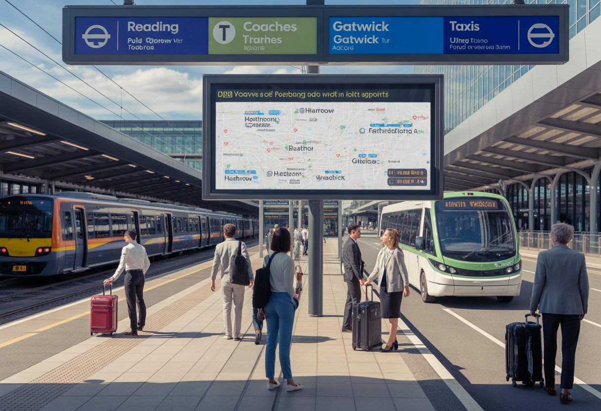 A busy transport hub showing people with luggage preparing to travel from Reading to Heathrow and Gatwick airports by train, coach, and taxi.