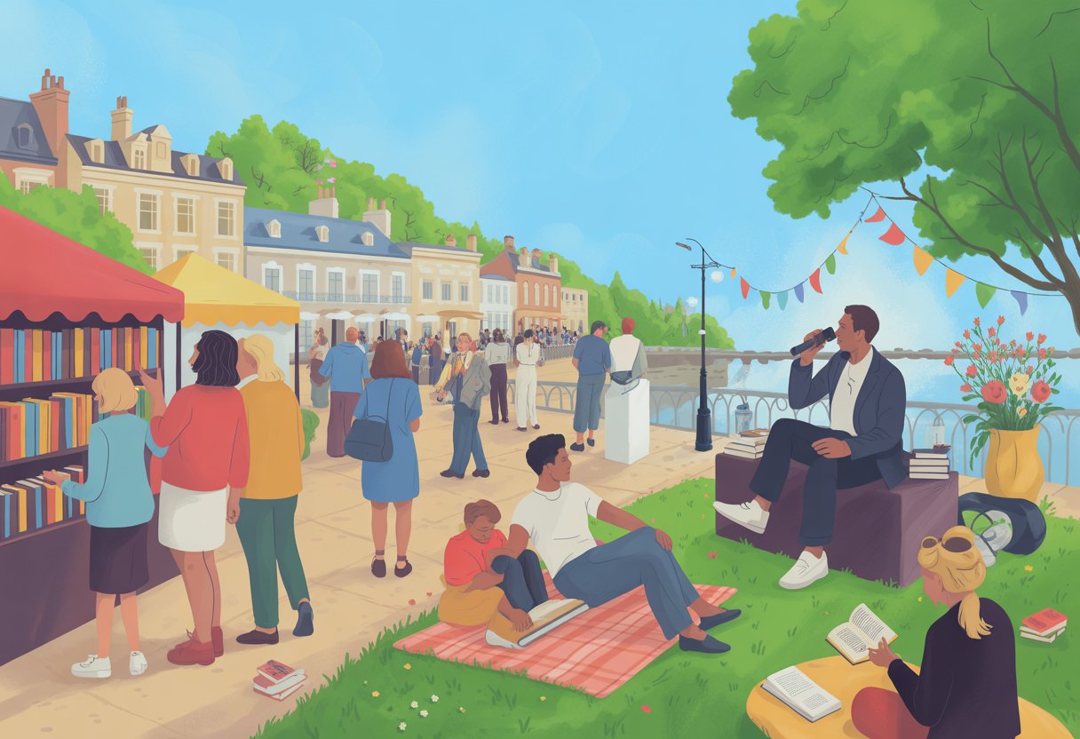 People enjoying an outdoor Henley Literary Festival by a riverside town with book stalls, an author speaking on stage, and visitors sitting on benches and blankets.