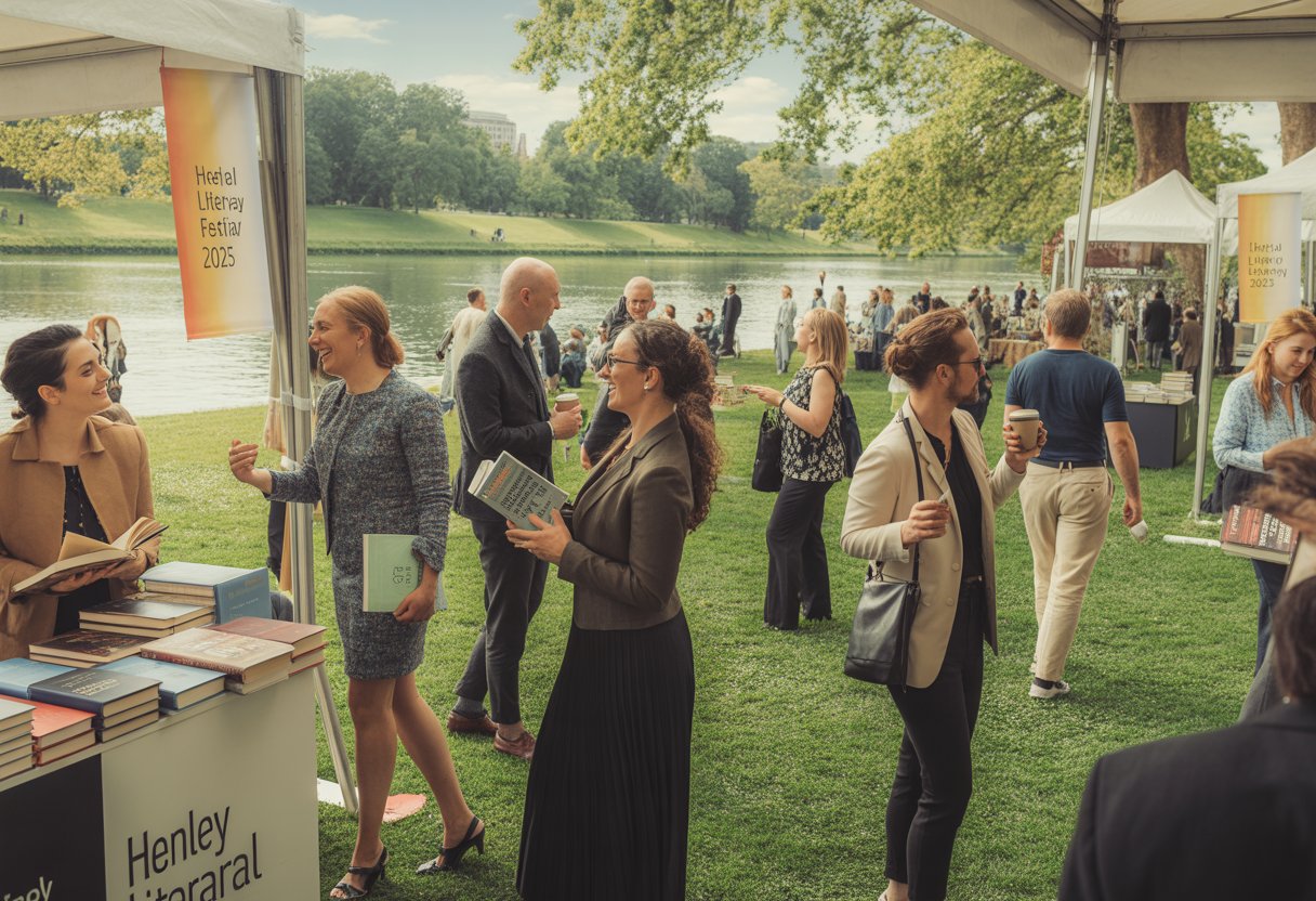 People enjoying a Literary Festival by a riverside park with book stalls and trees in the background.