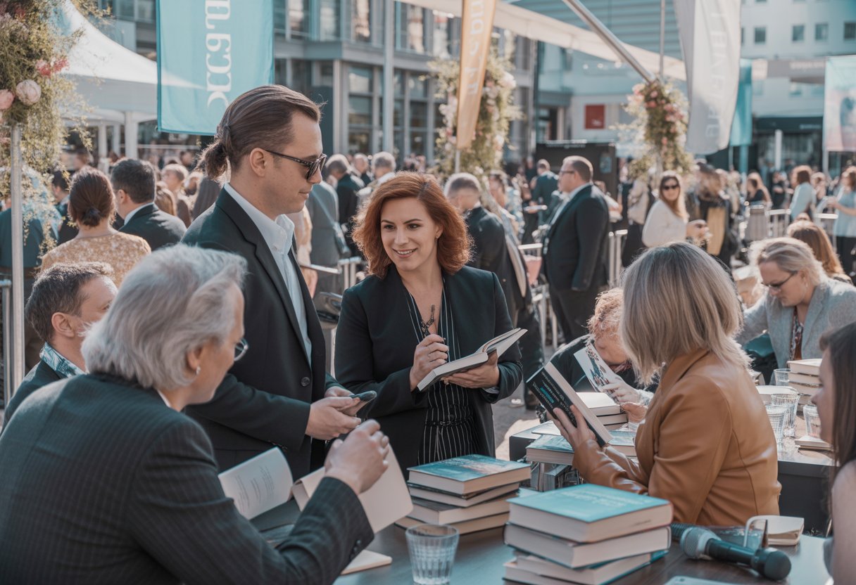 A group of diverse authors and speakers talking and signing books at Henley Literary Festival with attendees listening nearby.