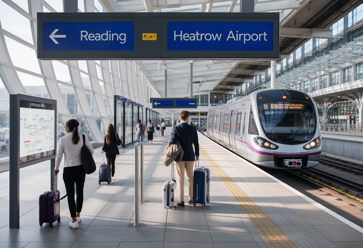 A busy modern transport station with passengers and vehicles connecting Reading to Heathrow Airport.