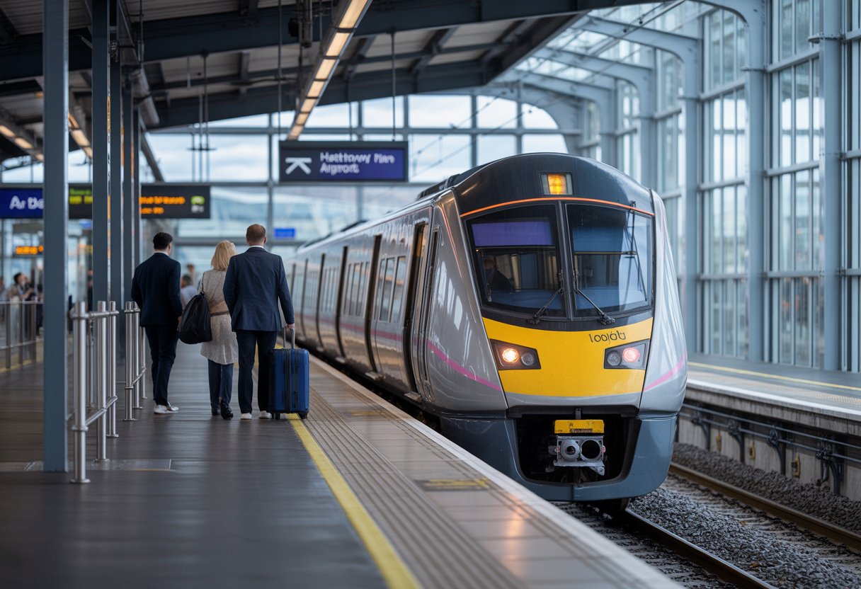 Passengers boarding a modern train at a bright train station platform with luggage, preparing for travel to the airport.
