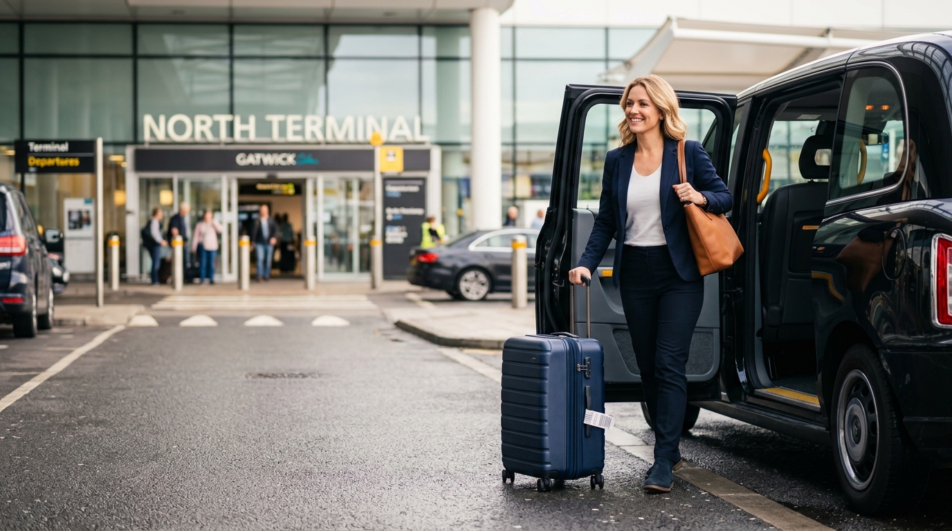 Woman getting out of a taxi at Gatwick