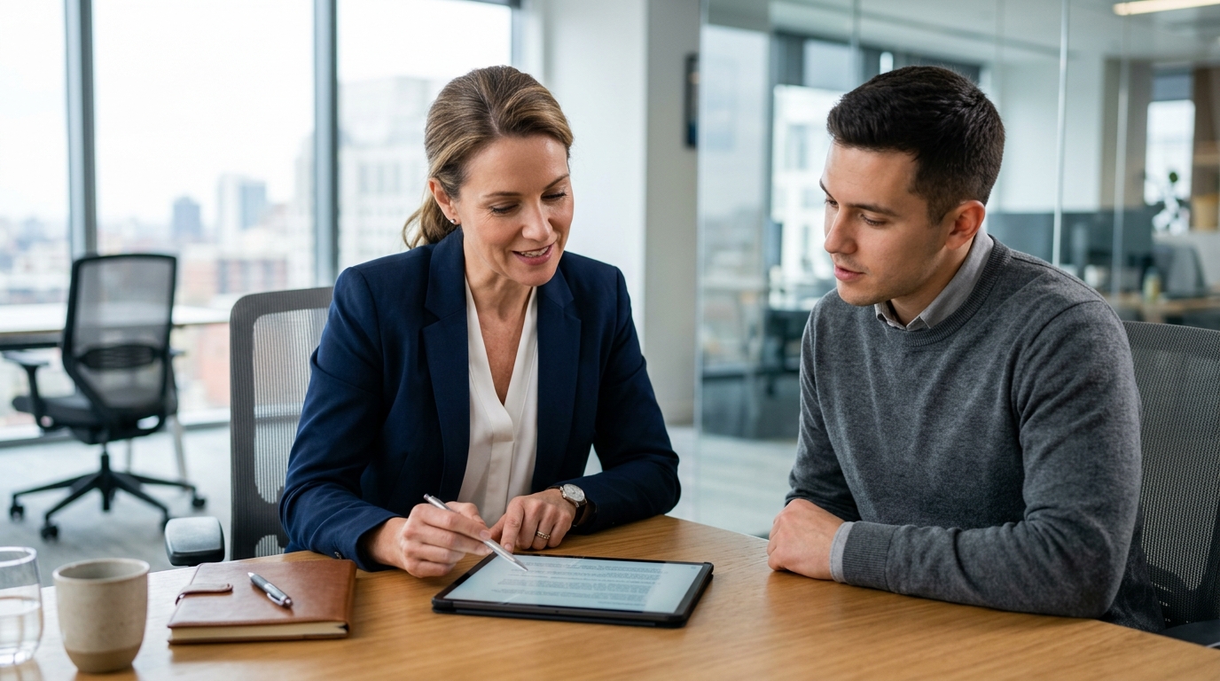 two people looking at a tablet