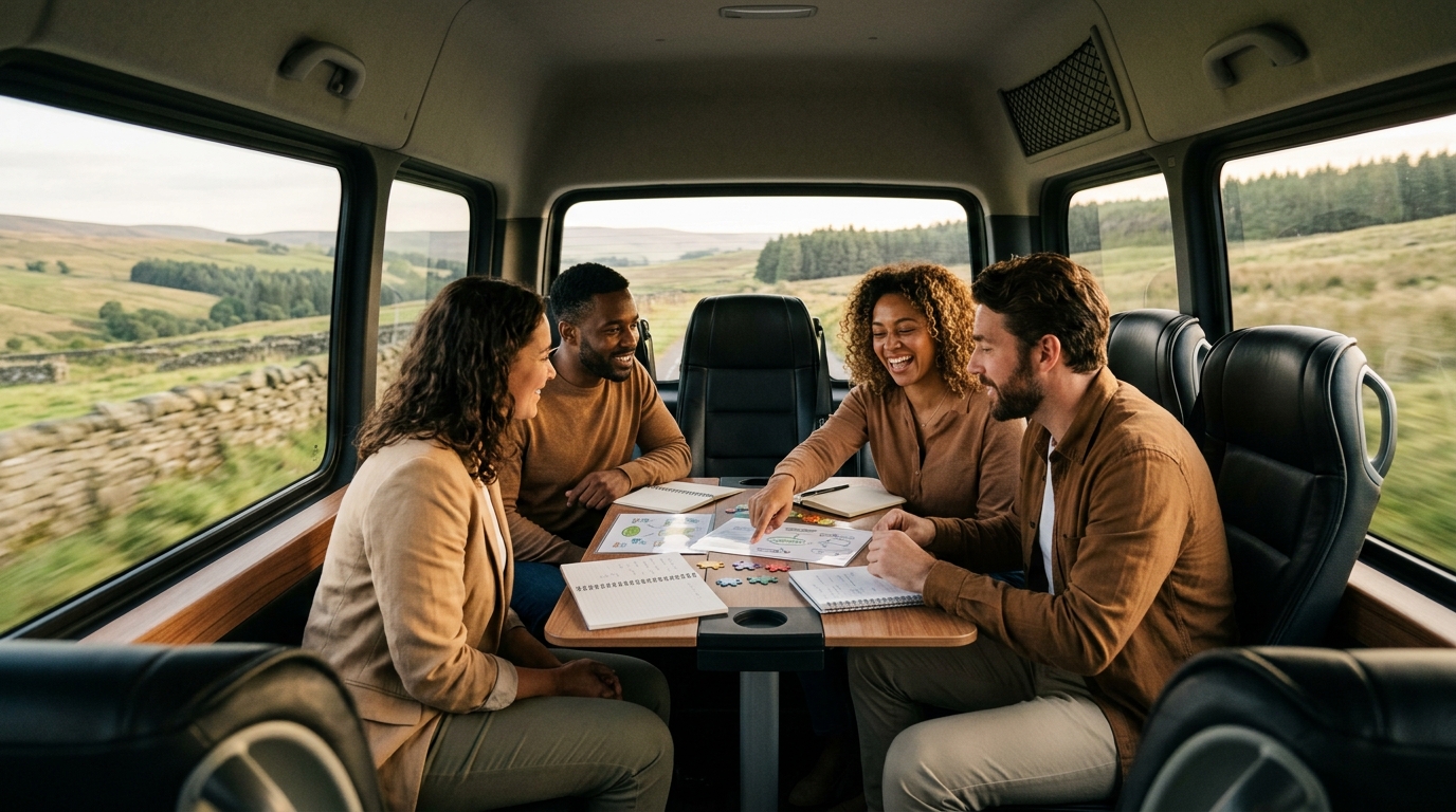 group of people sat in a minibus
