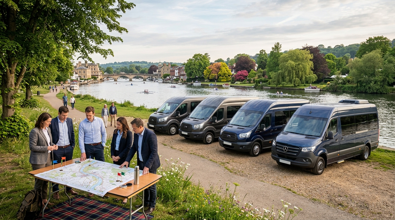 four minibuses parked by the river