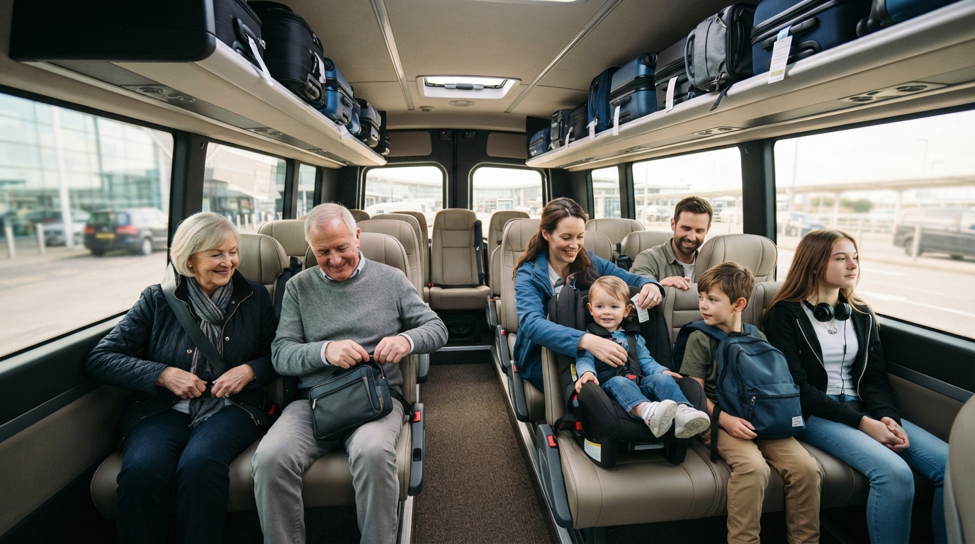 A large family group in a minibus