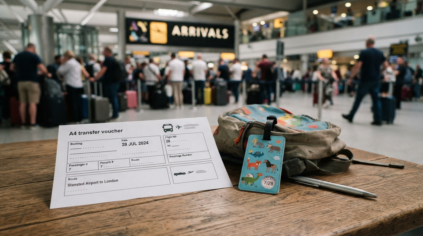 Desk in arrivals lounge with bag, pen and transfer voucher on display