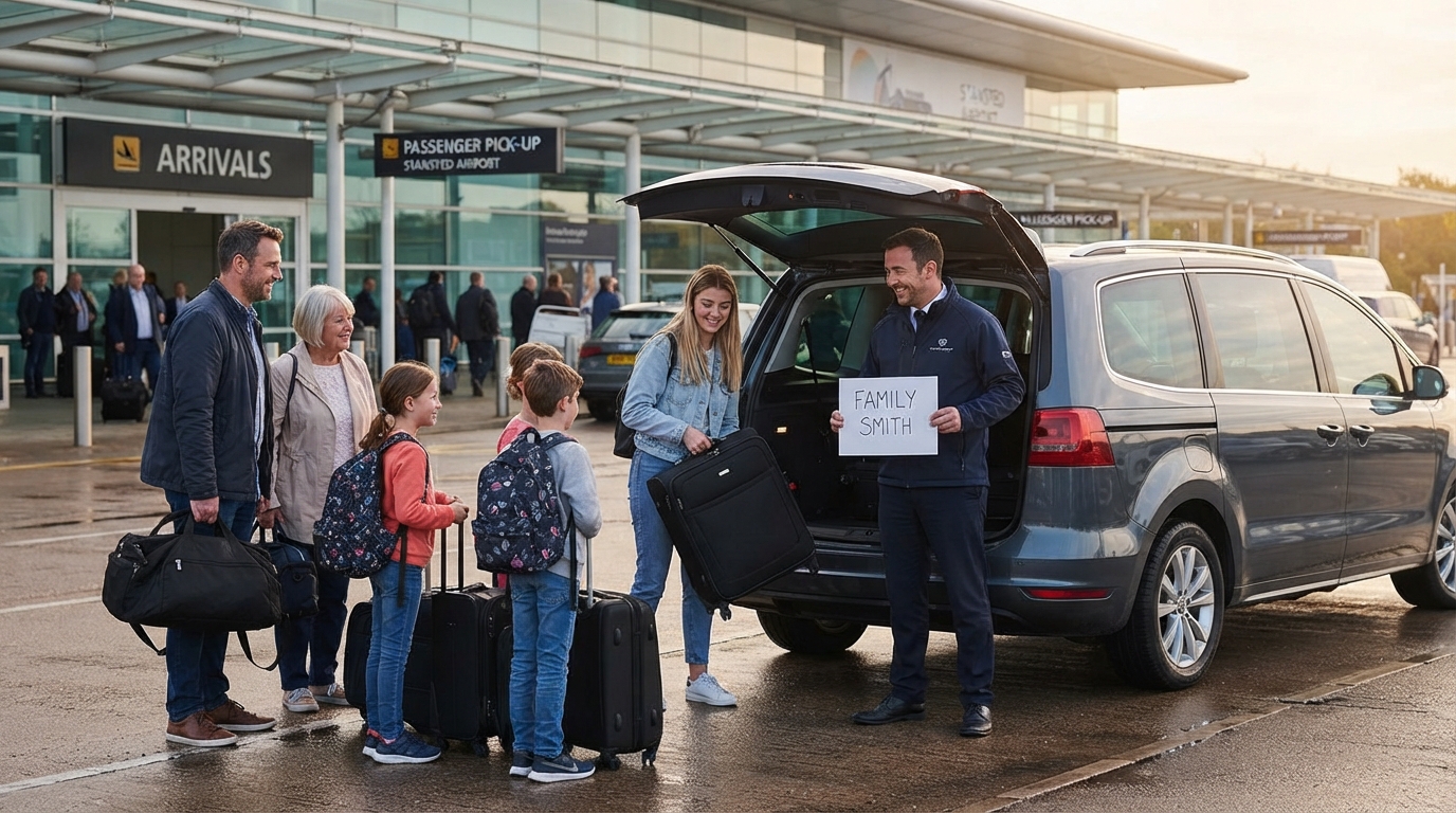 a large family group meeting with their airport transfer vehicle