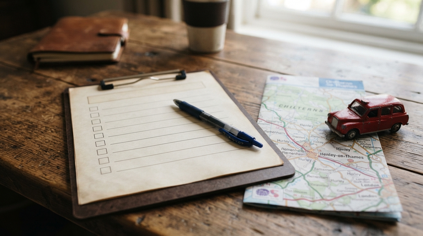A clipboard, map and a model taxi on a desk